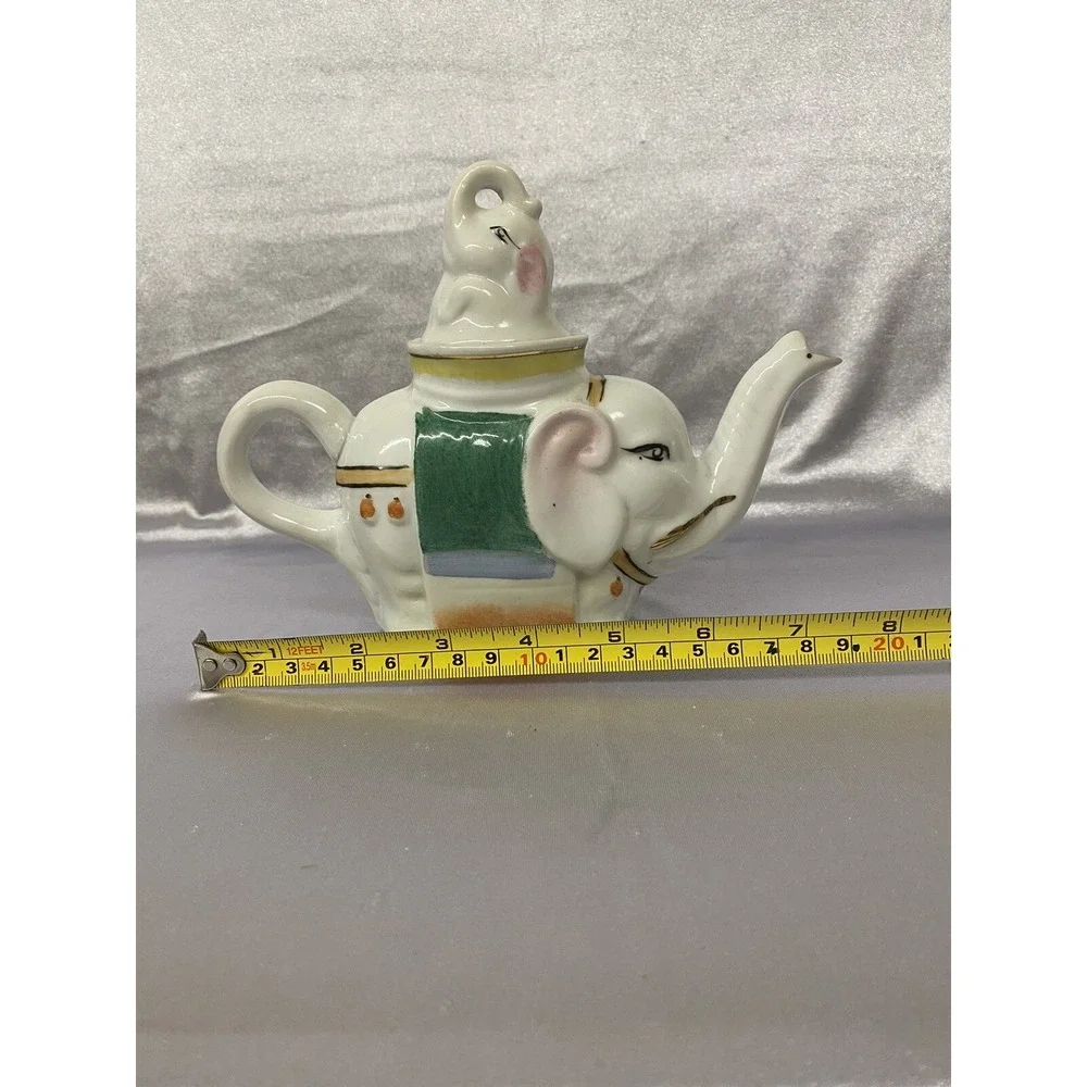 Elephant with Calf Hand Painted Figural Teapot - feng shui Good Luck Trunks Up